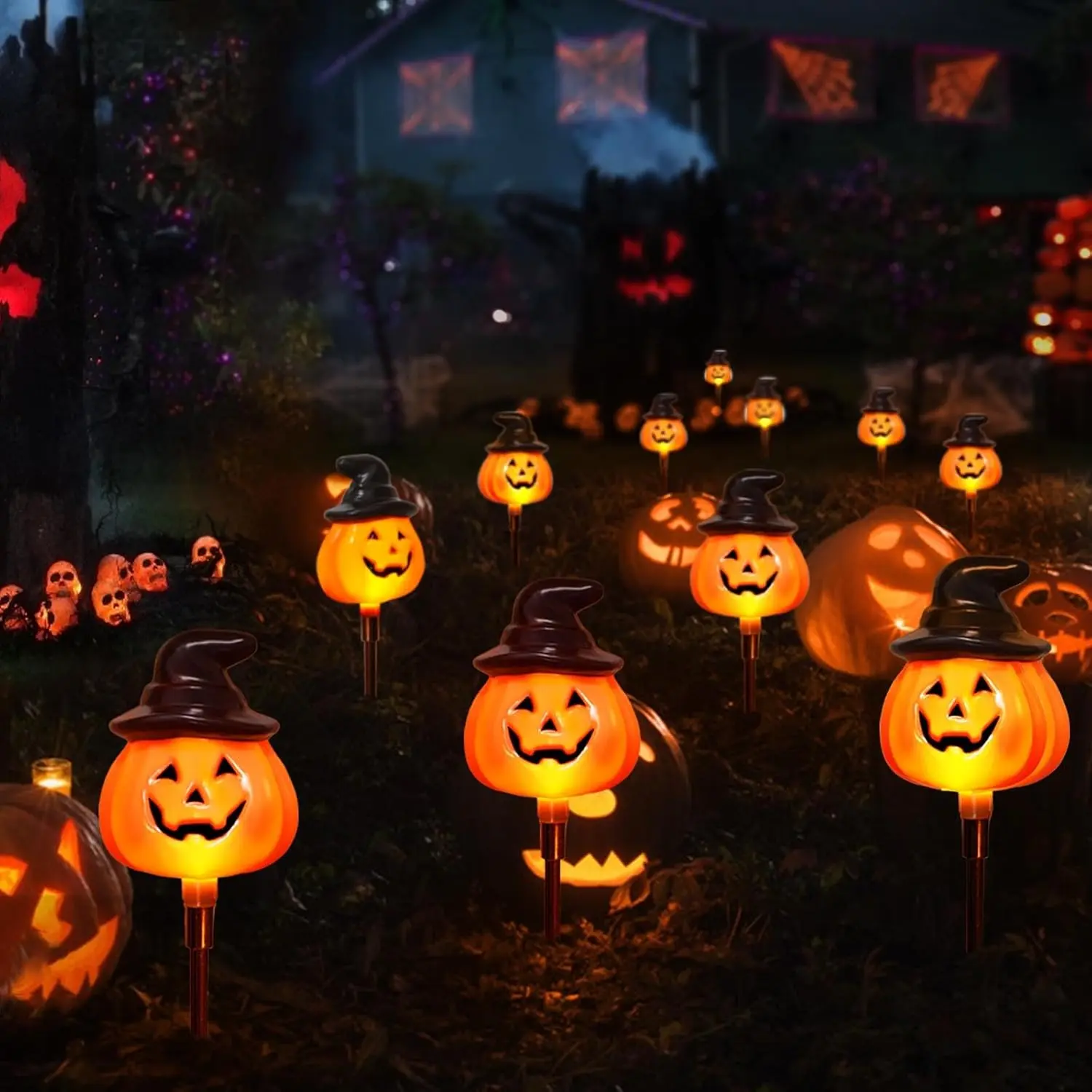 6 Pack  Stake String Lights - Orange Halloween Pathway Decor for Outdoor Halloween Yard Display