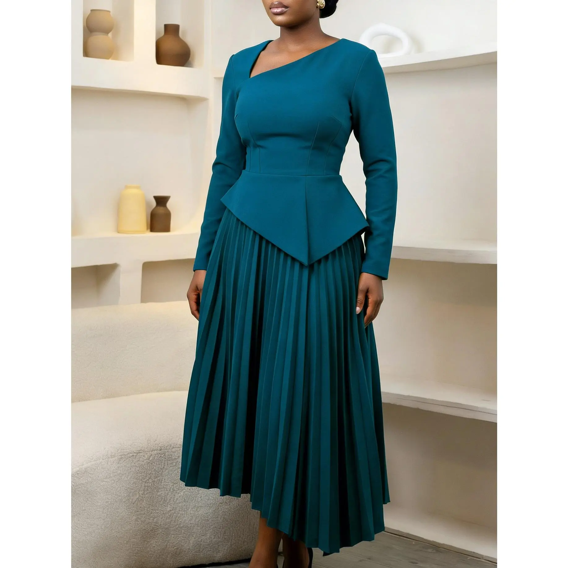 Women's Plus-Size Brown Asymmetrical Neck Peplum Waist Pleated A-Line Midi Dress - Long-Sleeve Polyester Workwear for Formal Office, Evening Occasions; Women's Clothes,summervibes - TikTok Shop Women's Plus-Size Brown Asymmetrical Neck Peplum Waist Pleated A-Line Midi Dress - Long-Sleeve Polyester Workwear for Formal Office, Evening Occasions; Women's Clothes,summervibes - TikTok Shop