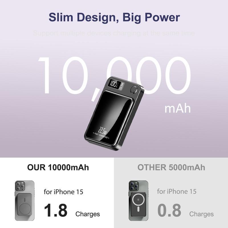 light and thin-Digital Power Display 10000 mAh Wireless Magnetic Power Bank for iPhone & Android Phones, Compact and Portable Charger Chargeable Smartphone Battery
