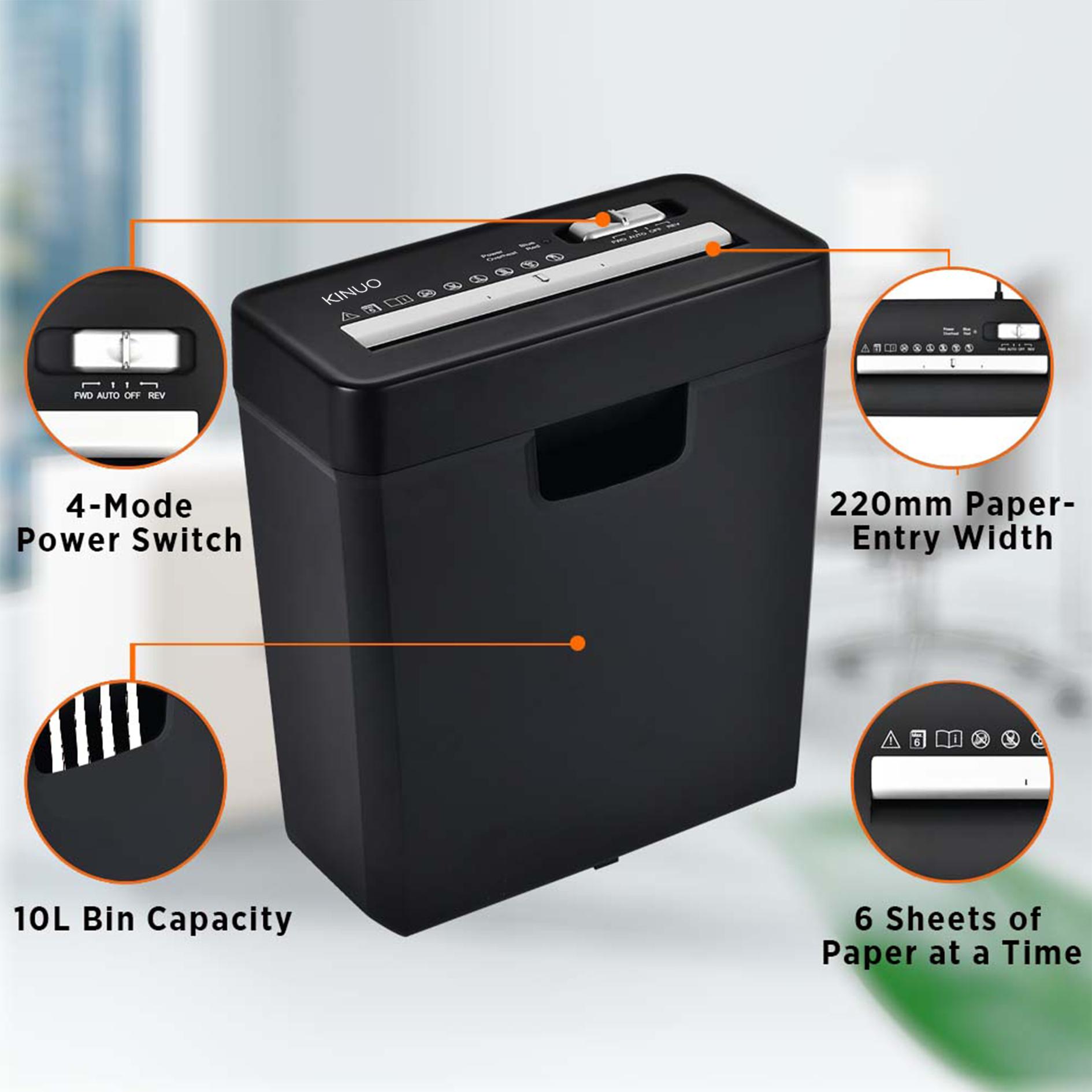 KINUO 6-Sheet Paper Shredder, P2 Security Strip-Cut Shredder with Anti-Jam System, Portable Office Home Shredder KINUO 6-Sheet Paper Shredder, P2 Security Strip-Cut Shredder with Anti-Jam System, Portable Office Home Shredder