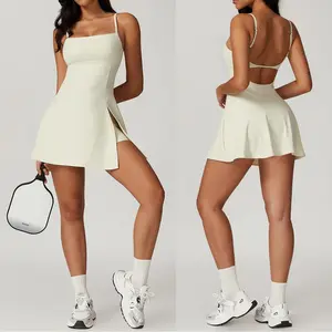 Womens Spaghetti Strap Tennis Dress with Shorts Workout Side Slit Active Golf Dresses sleeveless tennis solid backless Compression Garment Crop Top