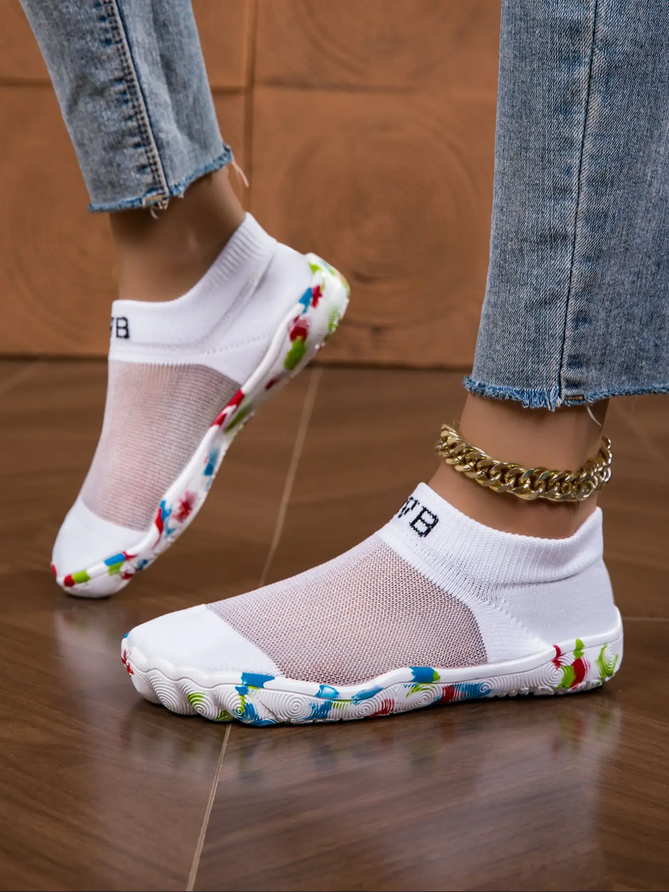 Women's Letter Print Low Top Slip On Water Shoes, Casual Sporty Breathable Comfortable Soft Water Shoes with Elastic Fabric, Barefoot Shoes for Beach