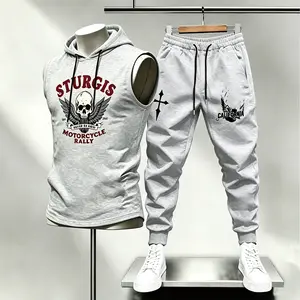 Vintage Motorcycle Skull Sleeveless Hoodie Jogger Set Gothic Streetwear Outfit