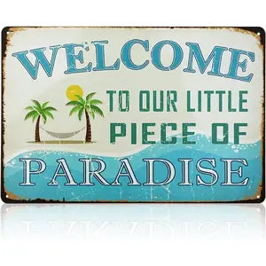 Vintage 8x12 in Palm Tropical Beach Metal Sign - Retro Welcome Plaque, Hanging Home Decor, Gift for Pool & Patio Coastal Home Supplies