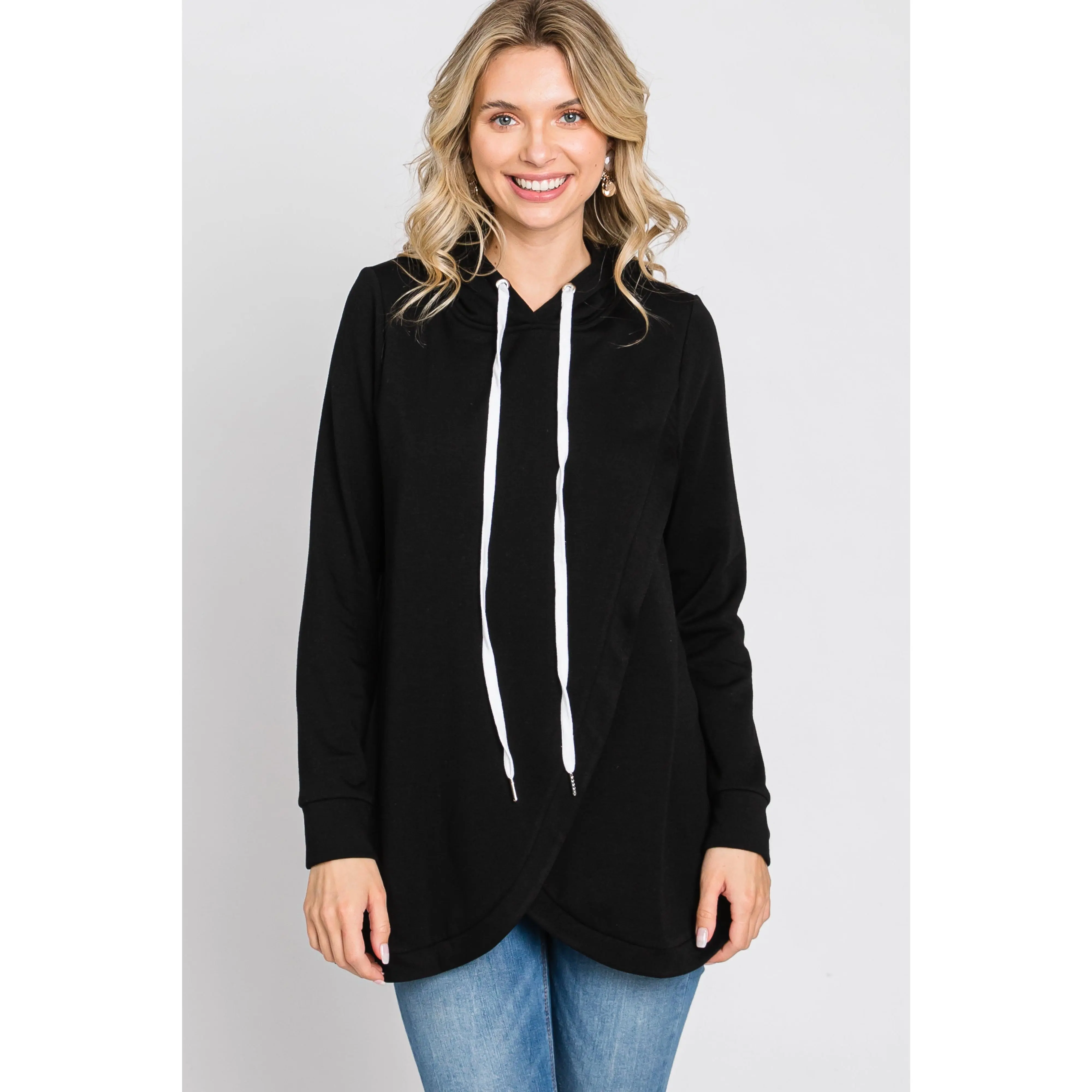 Black Layered Front Nursing Fleece Hoodie