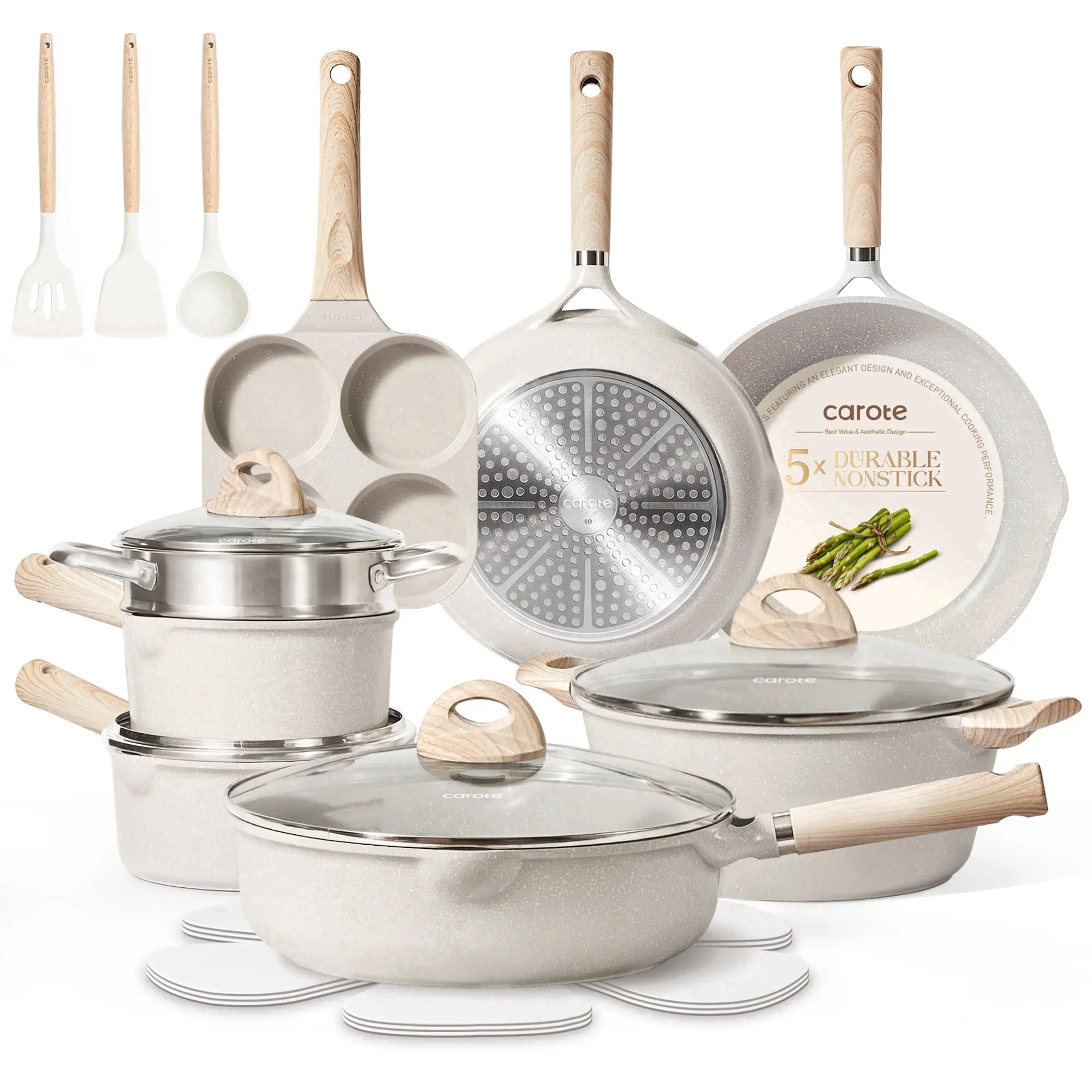 CAROTE 21 PCS Pots and Pans Set Non Stick, Cookware Set Induction Ready, Kitchen Cooking Set, Beige CAROTE 21 PCS Pots and Pans Set Non Stick, Cookware Set Induction Ready, Kitchen Cooking Set, Beige