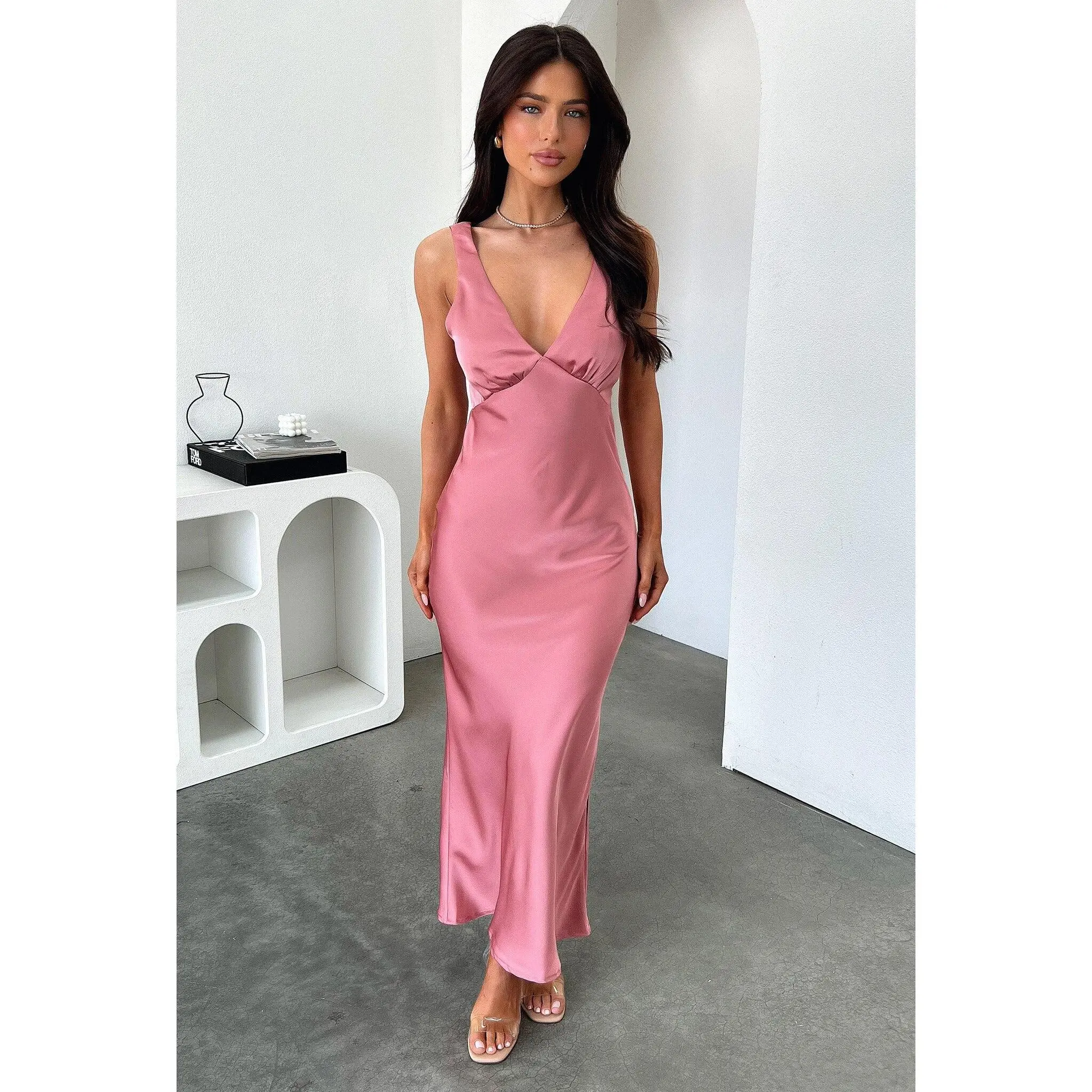 Delayne V-Neck Satin Midi Dress - Rose
