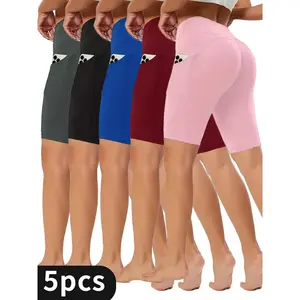 5pcs Women's High-Waist Stretchy Athletic Shorts, Breathable Compression Bike Yoga Workout Shorts with Pockets, Quick-Dry Baselayer Running Leggings