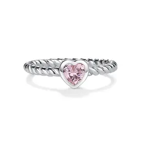 Sterling Silver Rope Ring with Pink CZ Heart for Girls