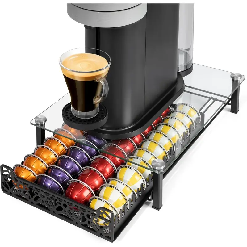 Tempered Glass Coffee Pod Drawer Organizer Compatible with  Vertuo, Hold up to 50 Small or 40 Big Vertuo Pods or 26 K-cup Pod,Sliding K Cup Drawer for Countertop