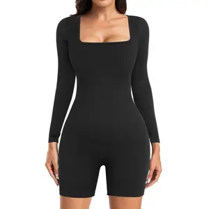 Women's Yoga Jumpsuits Workout Ribbed Long Sleeve Square Neck Sport Jumpsuits Rompers