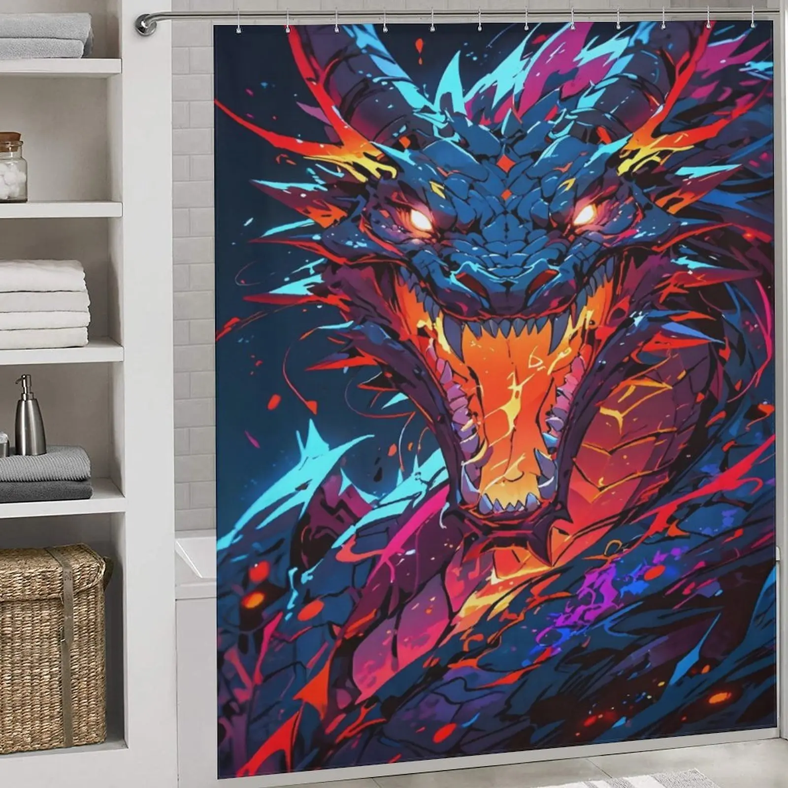 Anime Fire Dragon Shower Curtain, Cool Neon Dragon Bathroom Decor, Waterproof Fabric Shower Curtain, Fantasy Dragon Bath Curtain, Aesthetic Dragon Bathroom Accessory, Unique Dragon Gift for Dragon Lovers