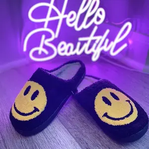 Black with Yellow Smiley Face Cozy Slippers Indoors Indoors Cotton Footwear Slide Walking Shoes Women