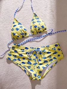 COCOMAY Spring Summer New Floral Print Sexy Backless Halter Tie Shorts 2pcs Beachwear Swimwear Set