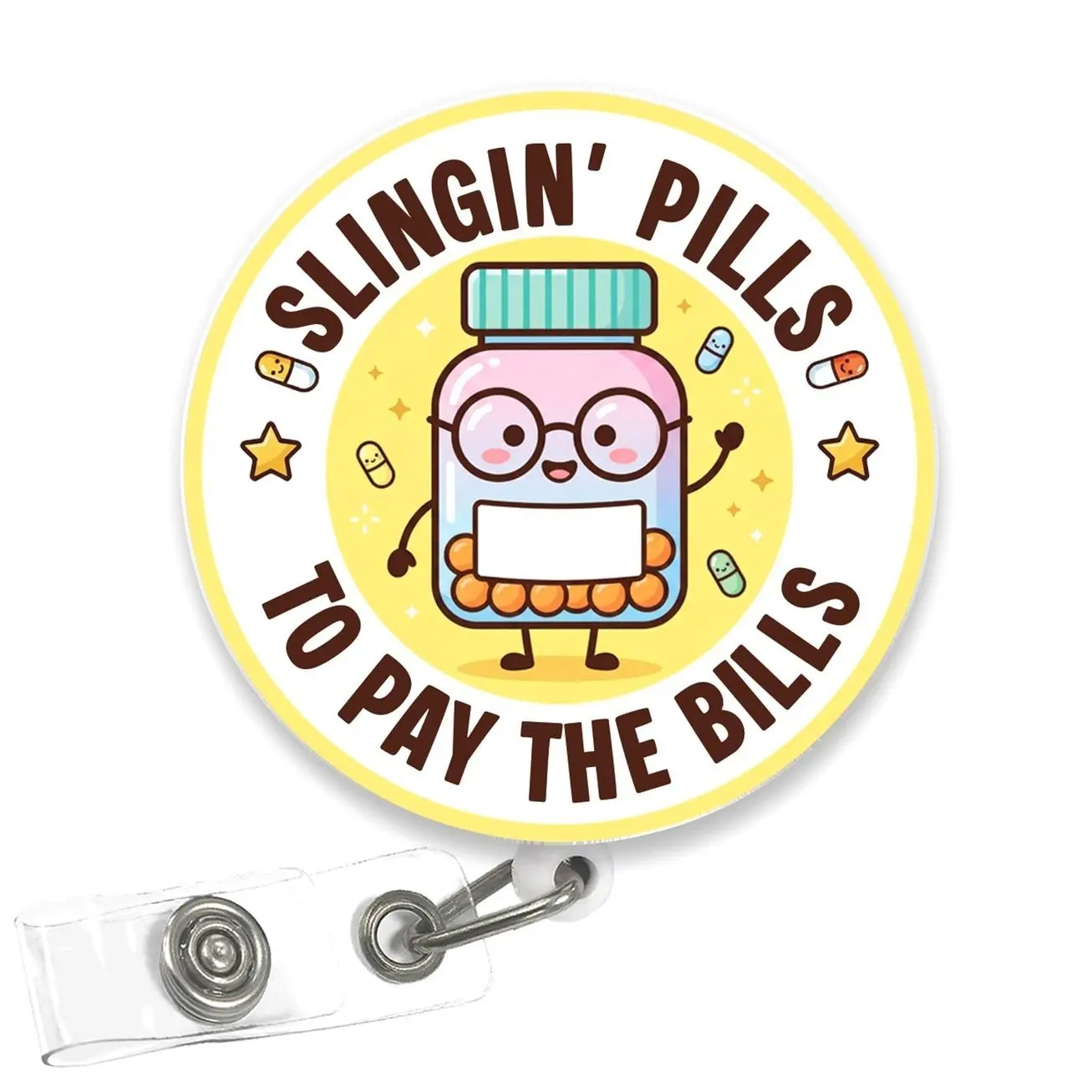 Slingin Pills to Pay Bills Badge Reel, Funny Pharmacy Acrylic Retractable Badge Holder with Clip, Pharmacist Tech Medical ID Holder Gift for Nurse Doctor
