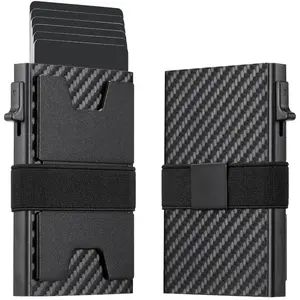 Slim  Card Holder Wallet for Men, Slide Pop Up Case Rapid Access 8 Cards, Expandable Backplate Holds 10+ Business Cards, RFID Blocking Minimalist Metal,  Clip Holder 8+ Bills (Carbon)