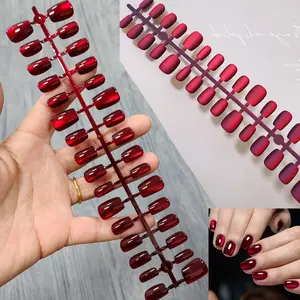 30Pcs Glossy, Matte False Nails, Red Short Square Fake Nails with Cat Eye Solid Color Design, Cat Eye Press on Nails Reusable Wearable Nails Suitable for Women's Daily Home DIY Manicure Set with Stick and Jelly Glue