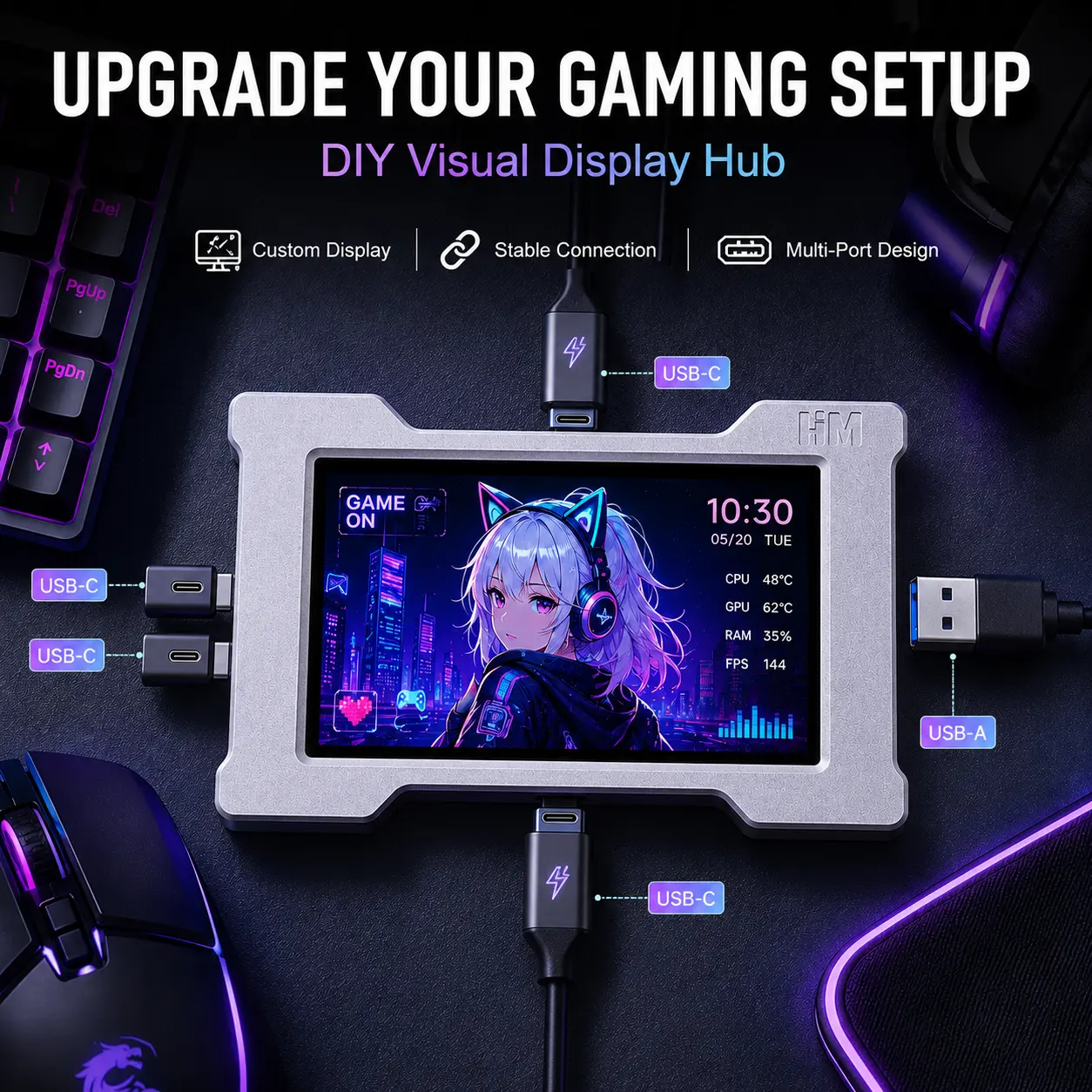DIY Visual Display USB Hub, Multi-Port USB-C & USB-A Hub with Custom Screen, Aluminum Alloy Gaming Desk Accessory for Keyboard, Mouse, Headset and PC Setup