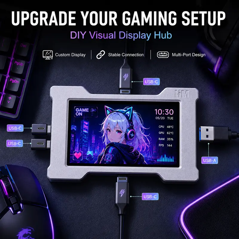High Speed Gaming USB Hub with DIY Customizable Display, Aluminum Alloy, MTT Mode, 2-to-3 Port Design, USB Ports, 8000Hz Polling Rate for Keyboard/Mouse, RGB Cables, Gamer Stuff for Gaming Desks, PC Accessories Desk Gadgets