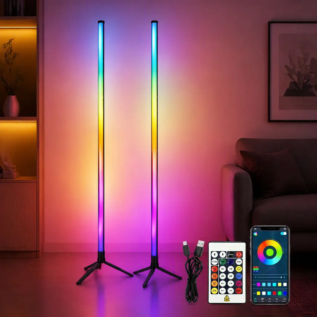 43.3inch RGB Corner Floor Lamp Music Sync LED Ambient Light with APP Control Colors Ambient Light Dimmable Modern Floor Lamp for Gaming Room Party Bedroom Decor home