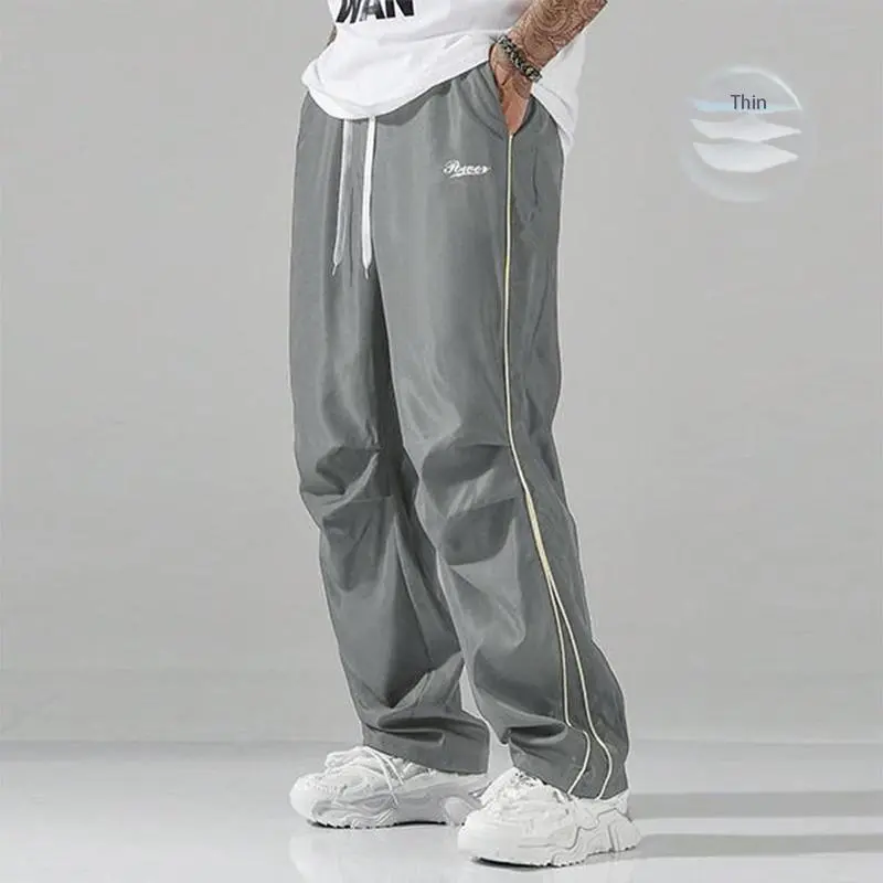 Men's Summer 100% Polyester Loose Relaxed Pants Weightless Soft, Large Cut with Gray Side Strips & Gold Decorative Bars, Mix and Match Multi Sport Athletic Bottoms, Gym/Casual Techwear, Father's Day Gift Option, Loose Men's Pants, Relaxed Men's Pants