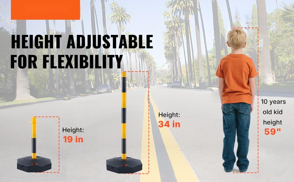 Adjustable Traffic Delineator Post Cones Set, 6 Pack, High-Visibility Safety Barrier With Fillable Base And 8-Foot Chain, Ideal For Traffic Control, Parking Lot, Construction Zone, Road Warning And Delineation, Yellow And Black