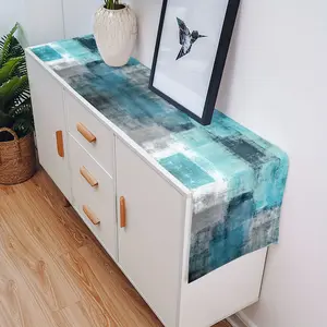 Ideal for Restaurants Weddings and Party Gatherings  1pc Elegant Turquoise & Grey Abstract Art Table Runner  Washable Polyester Rectangular Dresser Scarf for Dining Decor