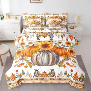 Autumn Harvest Fall Comforter Set,7 Pieces Bed in a Bag,Thanksgiving Pumpkin Bedding Sets,Bohemian Sunflower Floral Quilted Comforter