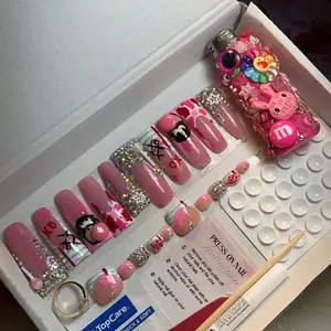 TopCare Press On Valentines Nails - Pink Color, Various Designs with Glitter, Includes Nail Set & Accessories