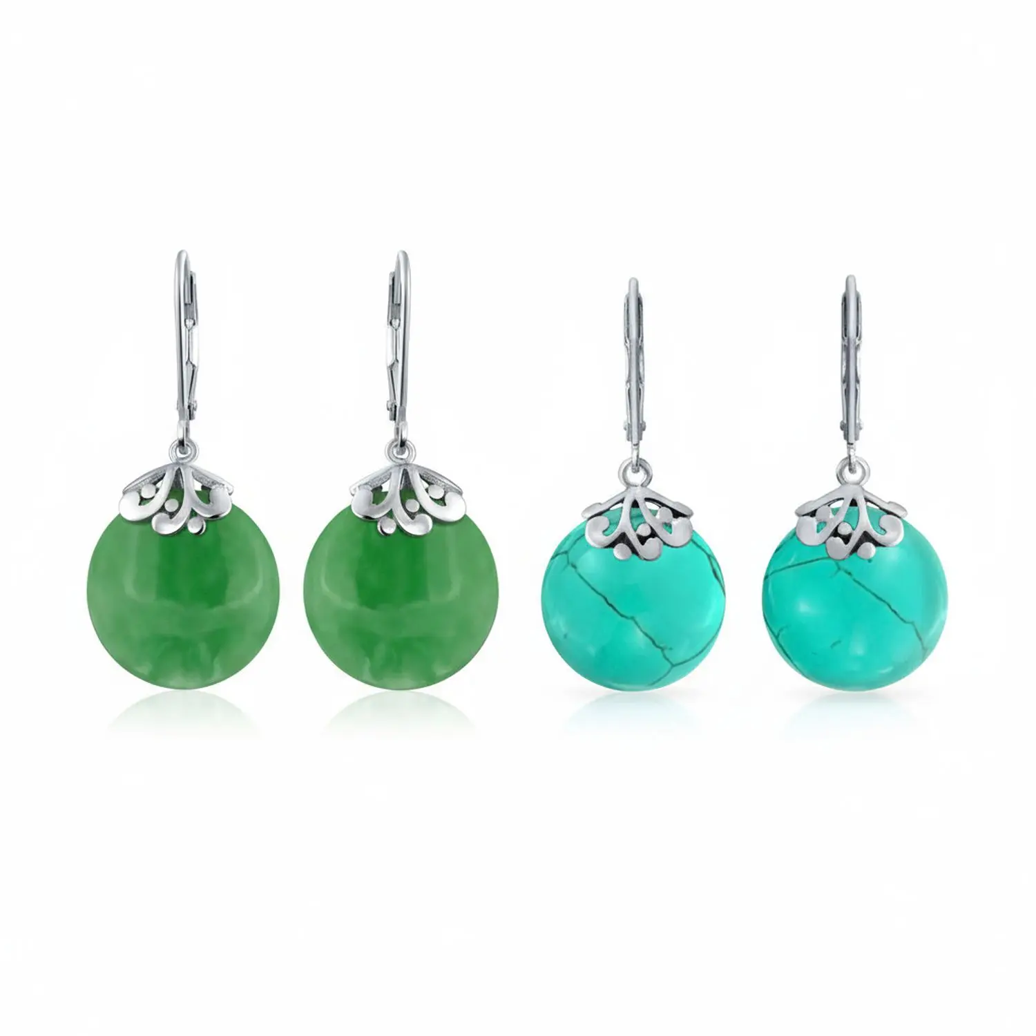 Set of 2 Filigree Lever Back Gemstones Turquoise & Jade Disc Dangle Earrings