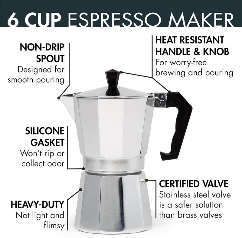 Italian Style Aluminum Moka Pot Espresso Brewer, Classic Stovetop Coffee Pot for Home, Office & Camping, Reusable Coffee Maker in Multiple Cup Sizes