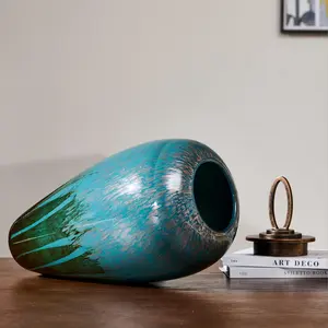 17.13in Tall Hand-Blown Peacock Grain Glass Urn with Lid & Box, Gradient Blue-Brown Decorative Cremation Ashes Holder, Minimalist Memorial Vase for Home Decoration, Living Room Centerpiece