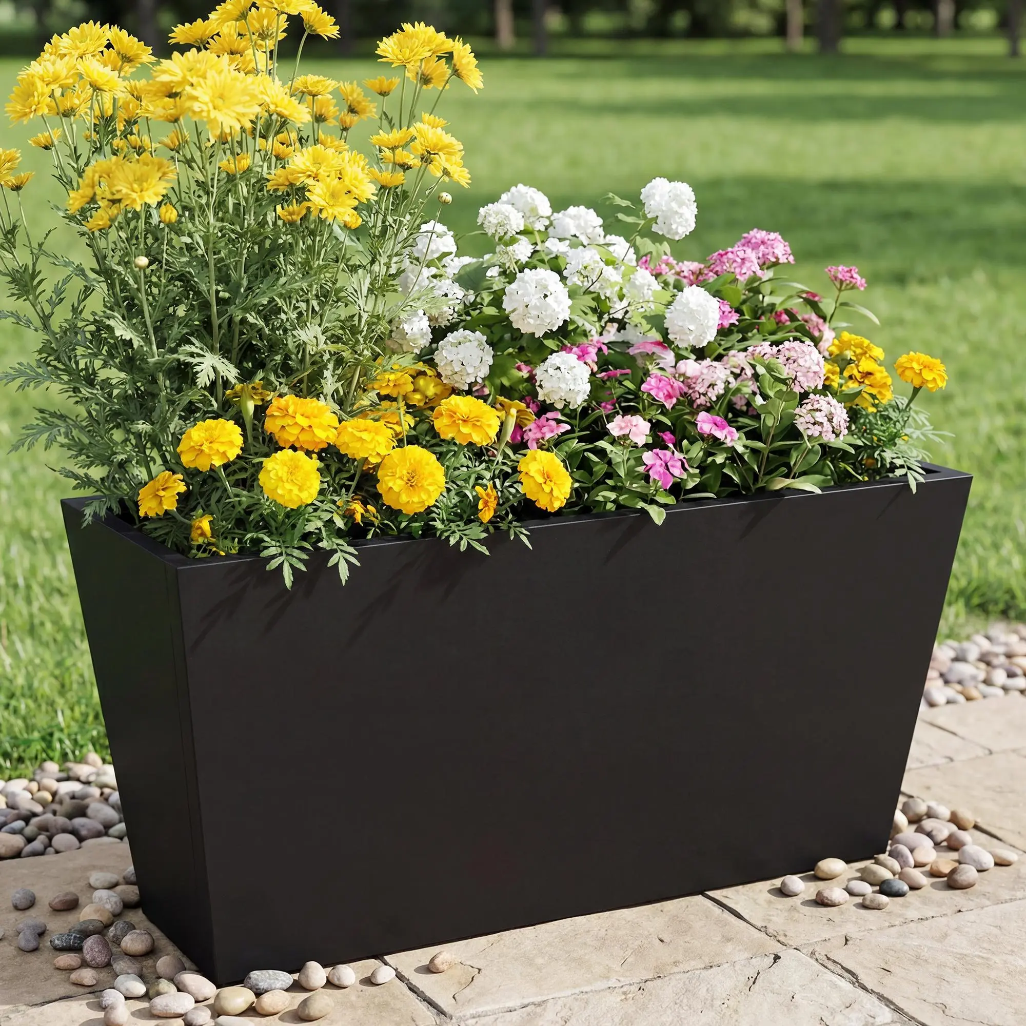 Modern Black Wrought Iron Trapezoidal Planter - Large 30.7" Indoor/Outdoor Decorative Flower Pot for Garden, Patio & Balcony