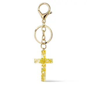 September Laurel Elegant Gold Cross Resin Keychain with Yellow Floral Inlay – Symbol of Faith, Perfect Gift for Spiritual and Stylish Souls Christmas Gift