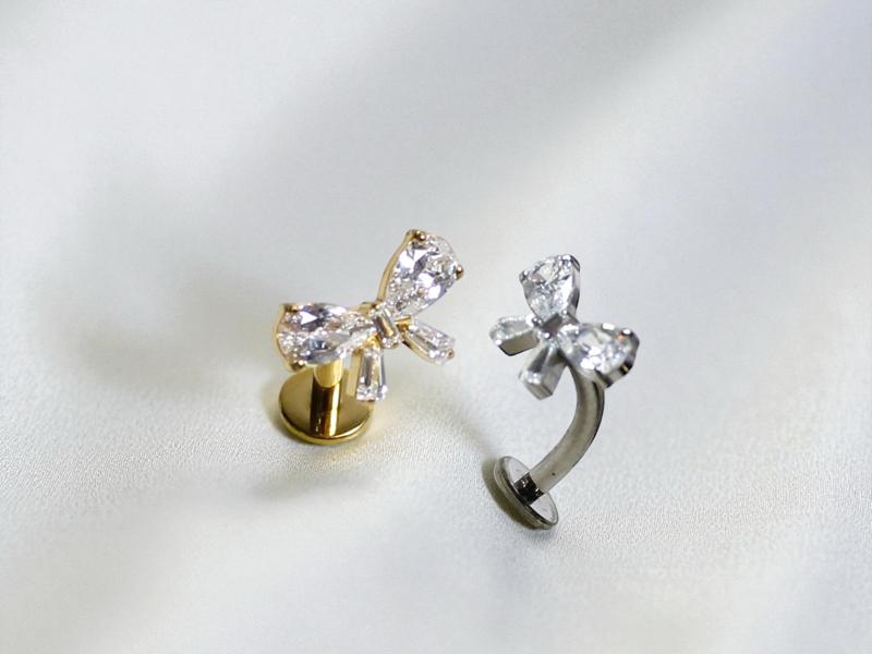 Bow Belly Button Ring Gorgeous Cz Gem Decor Gold Silver Threadless Push Pin Piercing Jewelry for Women