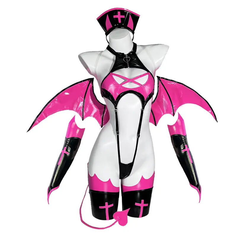 KORURACLUB Women's Devil-Inspired Cosplay Costume Set KO12 - Pink Jumpsuit with Bat Wings, Love Hearts, Matching Hat & Accessories