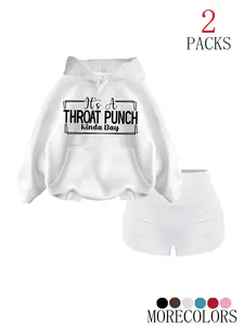 Sweet Cool Set, Womenswear Hooded Sweatshirt with Attitude Statement Slogan, Matching Shorts, Casual Loose-Fitting, Fall & Winter, Multiple Colors
