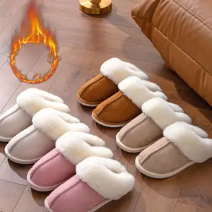 Cozy Fluff Slippers for Women Soft Fabric Upper Warm Comfy Non-Slip Rubber Sole Indoor Outdoor Slip-On Shoes for Winter All-Season Wear Solid Color No Printing Casual Style Flipflop