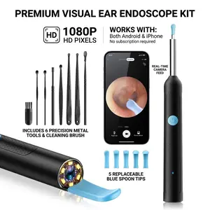 1080P HD EarWax Removal Tool with Camera 9 Ear Spoons Set Rechargeable USB Battery Dual Power Safe Ear Care Gentle Round Handle Version android phone clean cam Waterproof Ear Wax Remover cleaner pick cleaning scoop wax removal tool endoscope kit