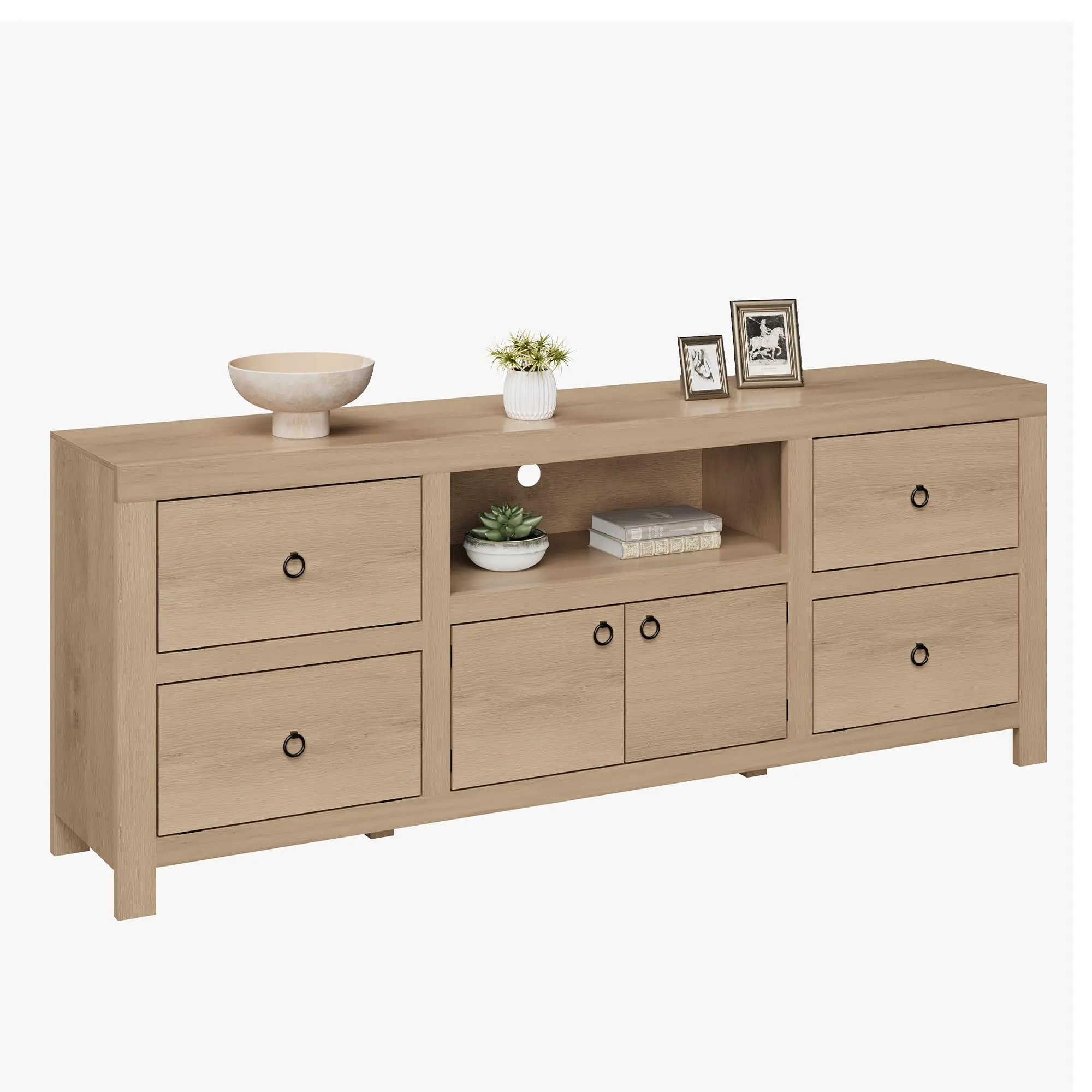 Farmhouse White Engineered Wood TV Stand - 70" Long Console, Fits 75/80 Inch TVs, 6 Storage Drawers, Soundbar Shelf, Rustic Multimedia Centre for Living Room/Bedroom Decor, Engineered Wood Tv Stands & Multimedia Centres