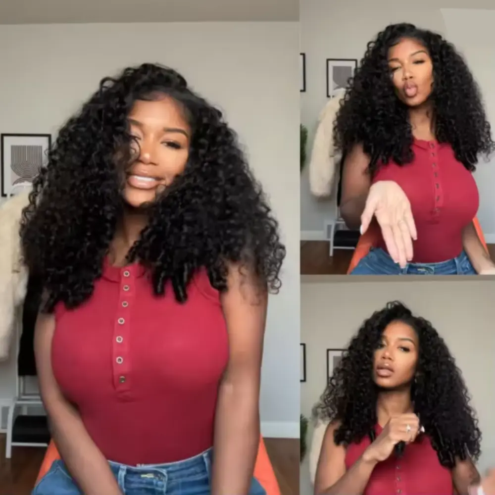 Burmese Curly V Part Human Hair Wigs Glueless Wigs Virgin Hair 3 IN 1 Wig Drawstring Upgrade Wear Go Remy Hair Wigs 180 Density
