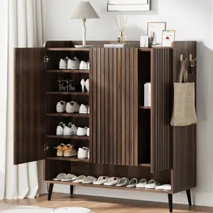 3-Door Large Shoe Cabinet with Adjustable Shelves & Hooks – 6-Tier Wooden Shoe Storage Organizer for Entryway or Hallway – Holds 30+ Pairs of Shoes