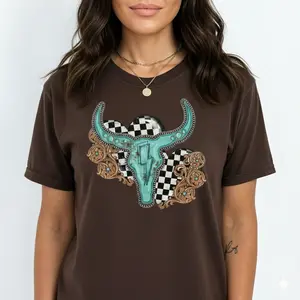 Retro Thunder Cow Skull Turquoise Stones Tshirt, Cowgirl Western Country Outfits Fashion Shirt,  Graphic Tee Top Womenswear Gift