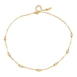 CZ Gold Bar Necklace Water Resistant