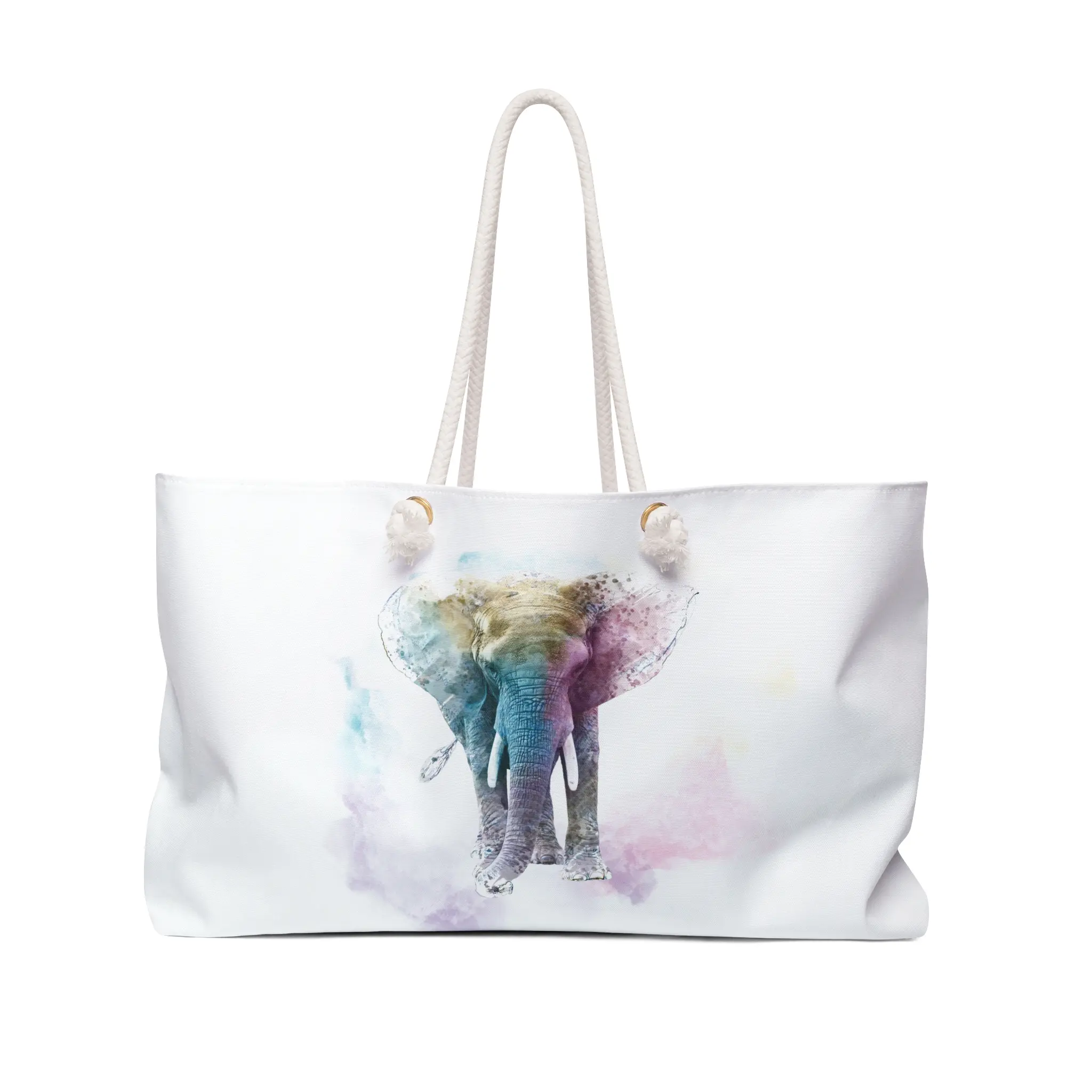 Colorful Elephant Weekender Bag — White Travel Duffel with Vibrant Elephant Print