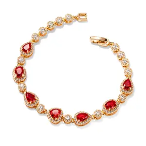 Elegant Gold Tone Ruby Red Mixed Cut Stone Halo Link Bracelet for Women Vintage Royal Teardrop and Oval Garland Chain Jewelry Gift