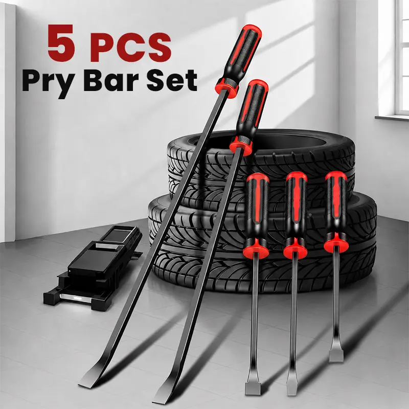 5-Piece Heavy-Duty Anti-Rust Coated Pry Bar Set - 5 Different Sizes, Angled Curved Head, Enhanced Strike Caps, Demolition & Auto Repair Hand Tools for Automotive Door Trim, Car Panels