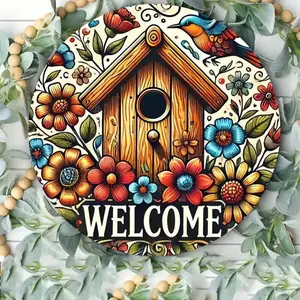 1PC 2D Plane Retro Birdhouse en Wall Art Decoration Hanging Ornament with Colorful Floral Design and "Welcome" Sign, Perfect for Indoor/Outdoor Decoration, Restaurant, Garden, and Coffee Shop, Bird Decoration
