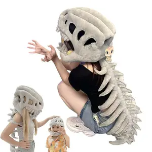 Adults & Kids Halloween Cosplay Dinosaur Costume Set Realistic Plush Skeleton Outfit with Skull Headpiece & Spine for Family Events