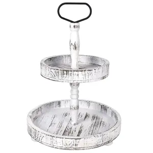 Wooden Tiered Tray, Farmhouse Decorative Tray, Round Serving Tray with Metal Handle for Home Kitchen Shelf Dinning Table Seasonal Holiday Decorations, Suitable for Christmas Seasonal Holiday Decorations, Mother's Day Gifts